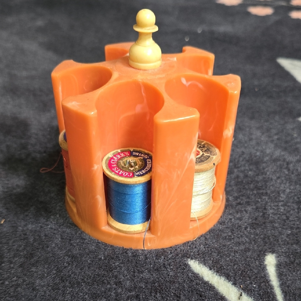 Vintage Orange Thread Holder with Blue and Gold Spools